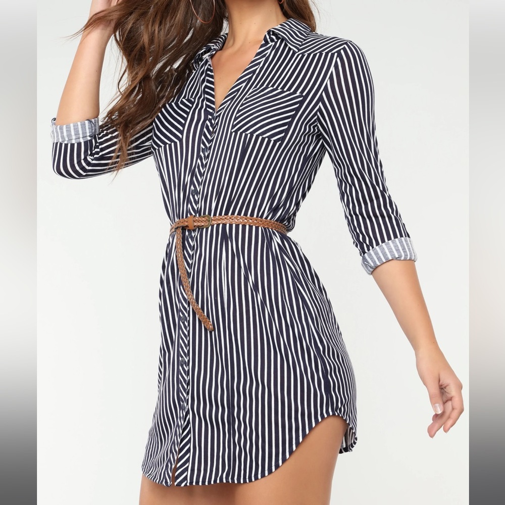 Button down Striped navy and white tunic dress with belt